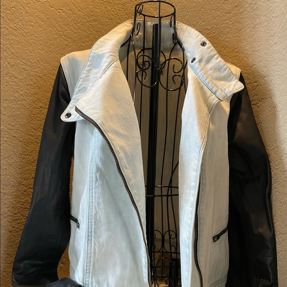 Rag and Bone Denim Jacket with leather sleeves.